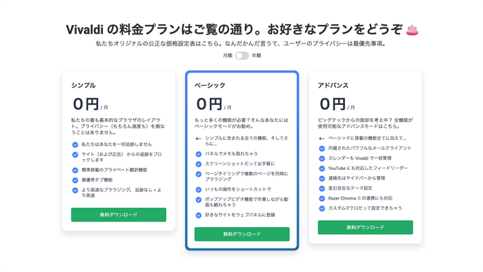 Vivaldiの料金プラン