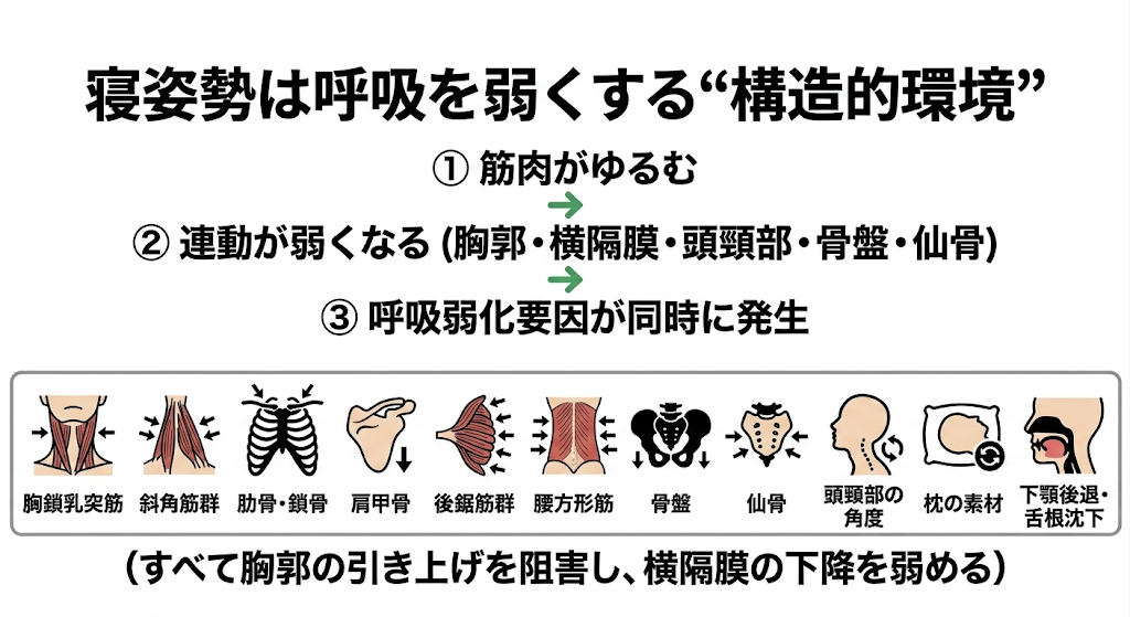 眠りづらさの正体──世界で初めて、寝姿勢が呼吸を弱くする"構造的理由"を体系的に解析した研究 シリーズ第14回(呼吸構造の圧迫と呼吸弱化の因果線)