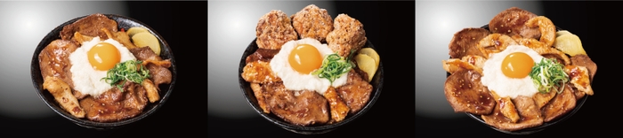 左から『とろ玉牛たん合戦焼肉丼』『唐揚げ合盛りとろ玉牛たん合戦焼肉丼』『とろ玉牛たん“天王山”焼肉丼』