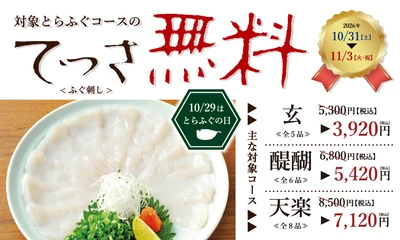 ふぐシーズン到来！玄品名物「てっさ(ふぐ刺し)」が0円に　 10月31日～11月3日の4日間限定「てっさ無料フェア」開催