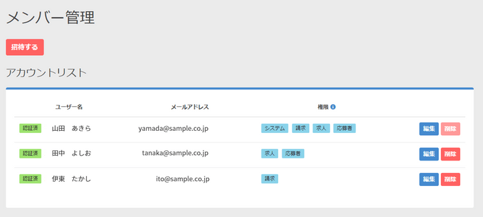 ・管理画面＞設定＞メンバー管理より設定ができます