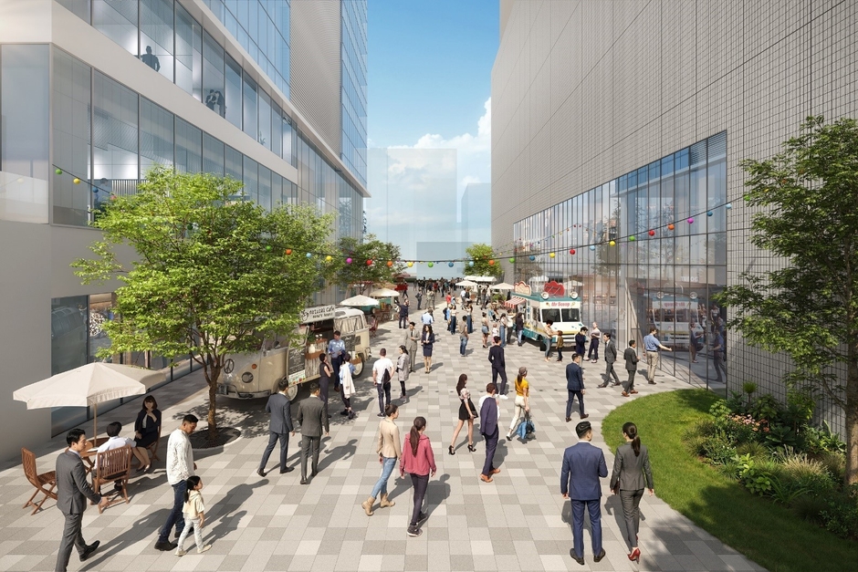 【コミュニティ・プロムナードの完成イメージ】　※画像は計画段階の完成イメージです（左がマクニカ新社屋、右が新横浜プリンスホテル）