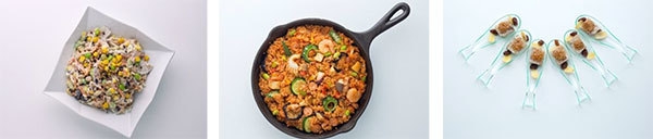 (左)25品目のメリメロサラダ (中)25食材を使用したジャンバラヤ (右)仔豚の25ごり(煮凝り)つぶつぶマ-スタード