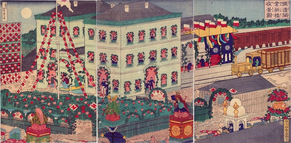 鉄道開業新橋夜景図(港区立郷土歴史館蔵)