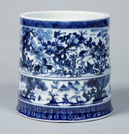 染付花鳥山水文水指 鹿背山焼