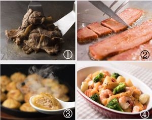(1)牛肉の鉄板焼(2)厚切りベーコン(3)焼き小龍包(4)海老とポテトのチーズソース