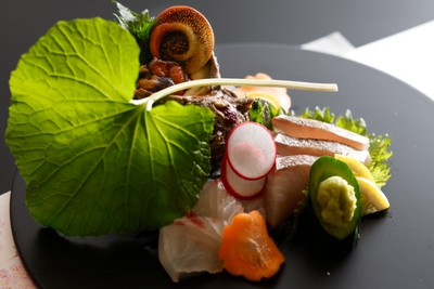 春の造里一例。地魚と栄螺など