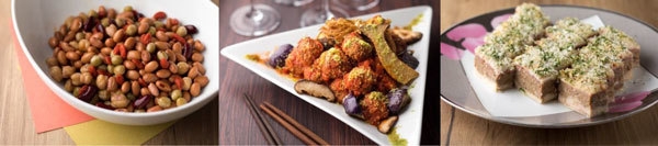 (左から)山形県産紅大豆入りサラダ 胡麻風味(山形)、秋刀魚のつみれと秋野菜 トマト煮込(宮城)、山形さくらんぼ鶏と挽肉の重ね焼き(山形)