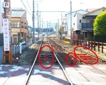 葛野大路三条交差点西方の誤進入防止反射板。丸形と長方形の反射板が自動車のヘッドライトを反射、注意を喚起します。蚕ノ社駅、太秦交差点西方にも設置しています。