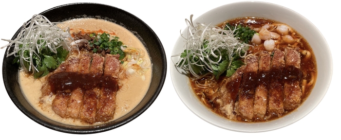 左：「排骨」と「白髪ネギ＆パクチー」をトッピングした坦々麺、右：「排骨」と「白髪ネギ＆パクチー」をトッピングした酸辣湯麺