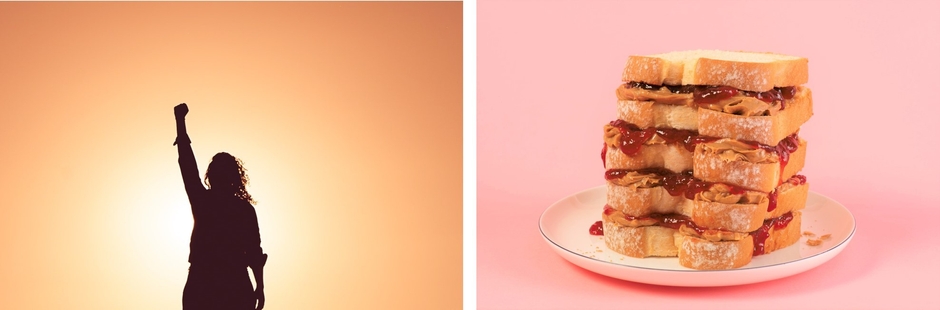 左:日々多忙な女性たちは、まさに「スーパーウーマン」。右:“頑張らなくていい”お助けメニュー、PB&Jサンドイッチ。