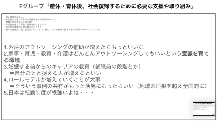 「産休・育休後、社会復帰するために必要な支援や取り組み」に関するアイデア