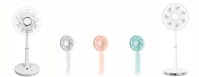 左:『DCリビング扇 YLX-QD3016』、真ん中3つ:『ハンディファン モバイルバッテリータイプYE-H50』、右:『DCハイリビング扇 YHVX-HGD30』