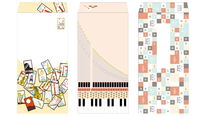 左から『楽器花札柄』『ピアノ柄』『音符モザイク柄』