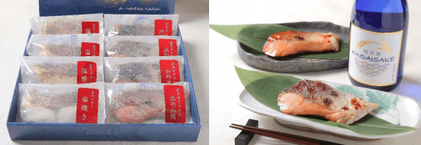 近大サクラマスと近大マダイの紅白詰合せ（左）、近大サクラマス 近大酒の純米酒粕漬焼き（店舗にて提供）（右）