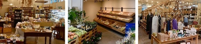 店内写真左から、Slow food_YAMAGA、里の駅やまが、Slow Town.