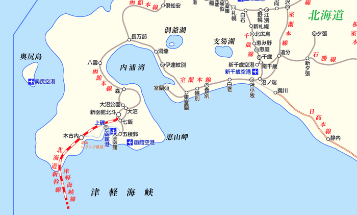 北海道新幹線の路線図（一部）