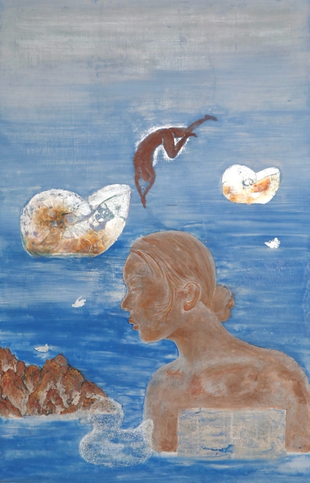 「飛び込む」リナ、岩絵具 銀箔 麻紙 117x80cm 2022