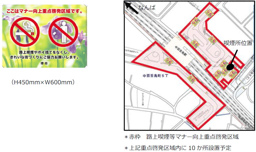 学生が考案した路面シート（左）、路上喫煙等マナー向上重点啓発区域（右）