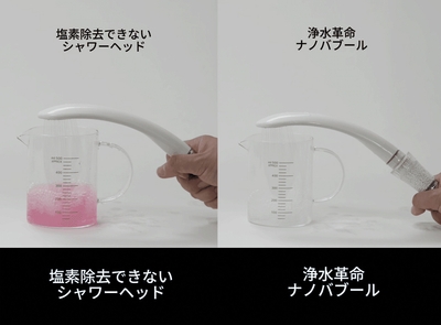 塩素に反応する試験薬を入れた実験を実施 残留塩素濃度が高いほどピンク色が濃くなる
