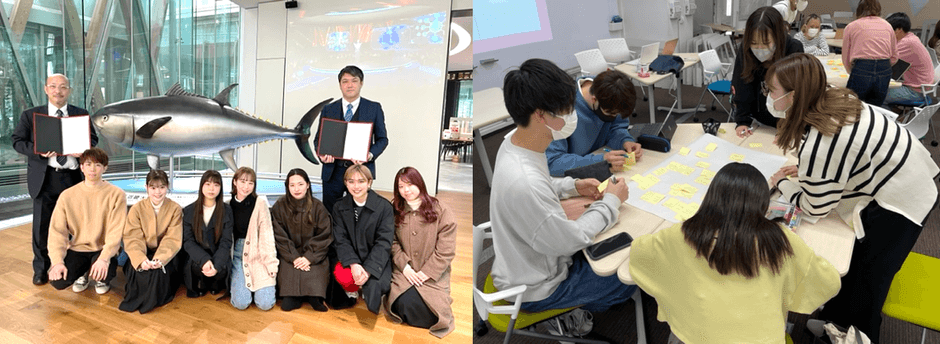 共同研究契約締結式での記念撮影（左）、学生のミーティング風景（右）