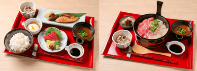 近大づくし朝御膳（左）、近大紅白手桶寿司（右）