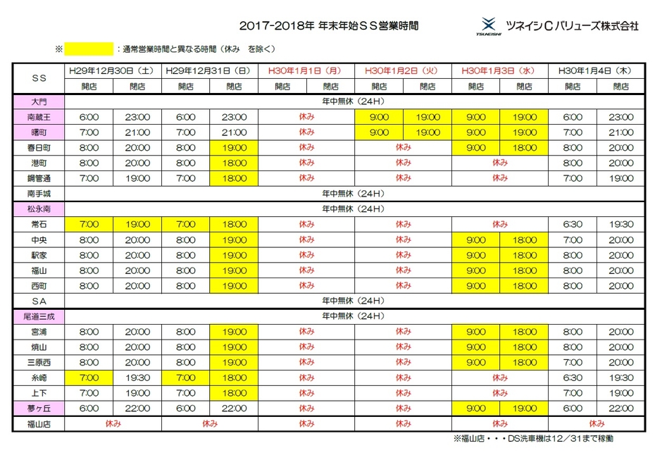 サービスステーション年末年始の営業時間(2017-2018)