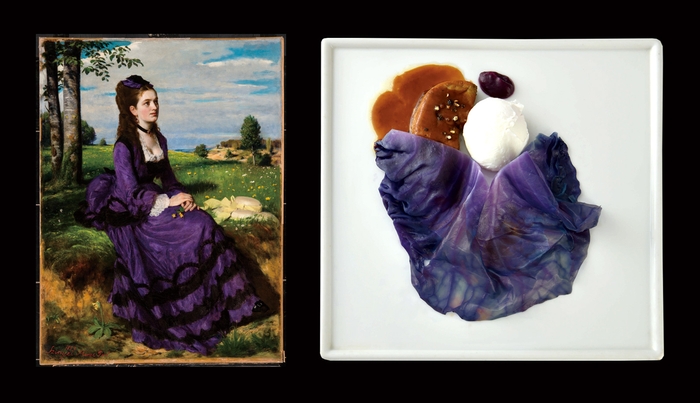 鴨フォアグラのポワレ 紫いものピューレと紫きゃべつのエチュベ ポーチドエッグ ソース・ポルト