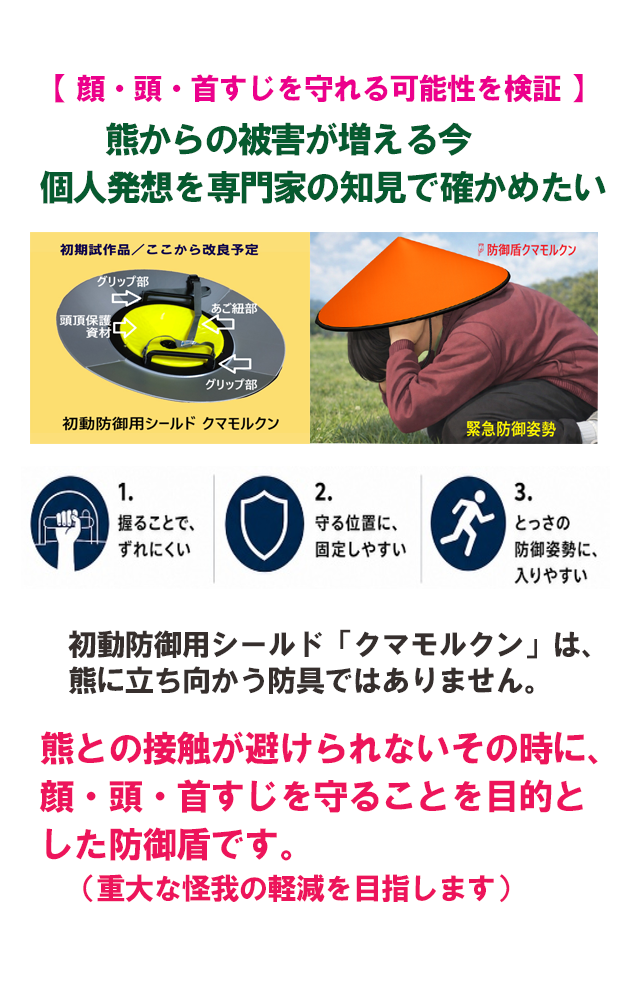 熊との突然の遭遇時に、顔・頭・首すじを
少しでも守る可能性を検証
初動防御補助具「クマモルクン」試作品開発プロジェクト、
クラウドファンディング開始