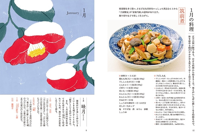 左/1月 睦月、右/1月の料理「筑前煮」