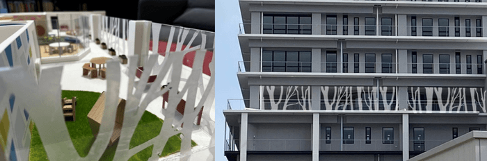 「フェンスの森」イメージ模型(左)、設置イメージ(右)