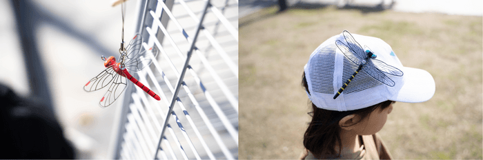 (画像左から、従来品の「あかねちゃん(R)　ストラップタイプ」「おにやんま君(R)　安全ピンタイプ」)