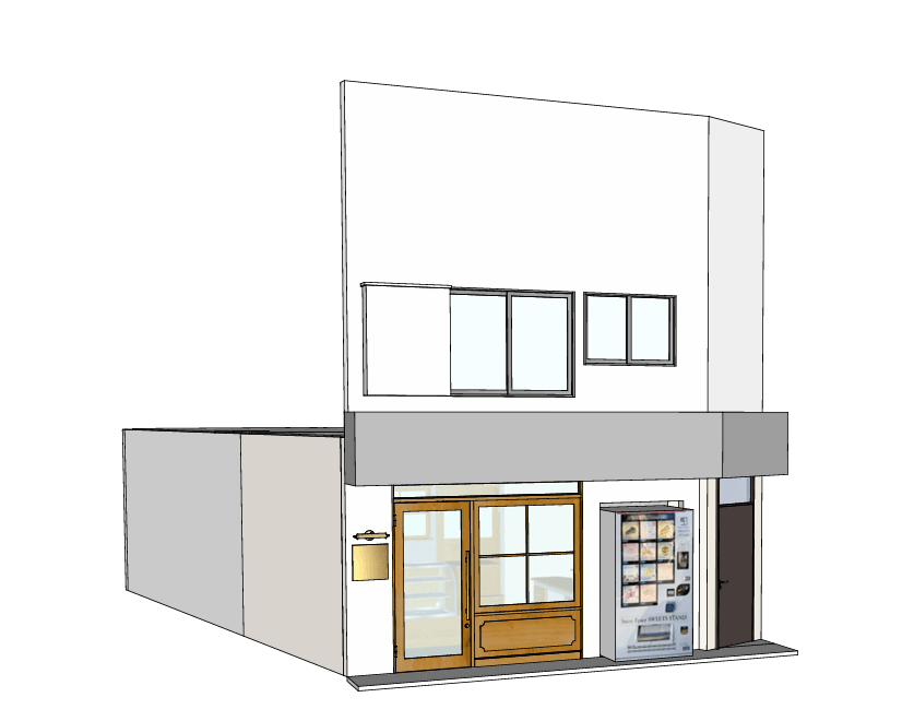 「おかしやシュクエピ」の店舗外観イメージパース。木目を基調としたシックな佇まいで、店頭には自動販売機の設置も予定。