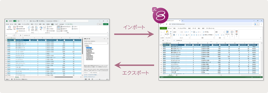 XMLソースを含むExcelファイルのインポート／エクスポート