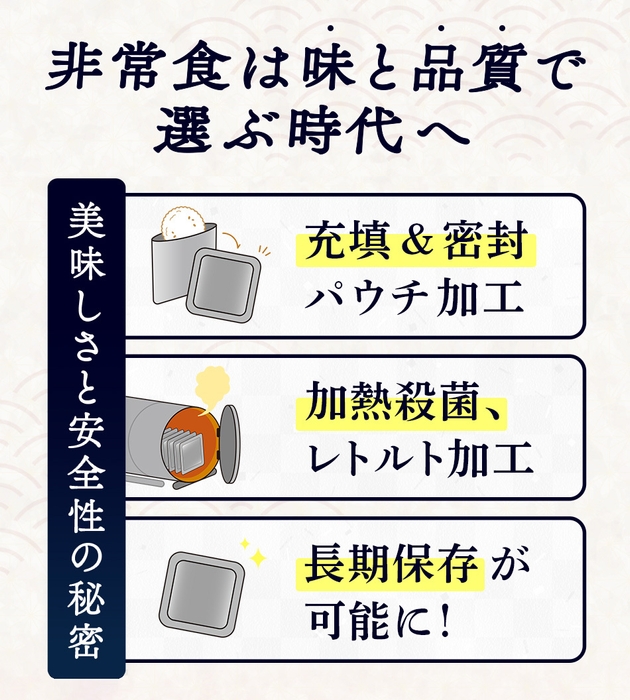 パウチへ充填＆密封し、加熱殺菌を行うことで長期間の保存を実現