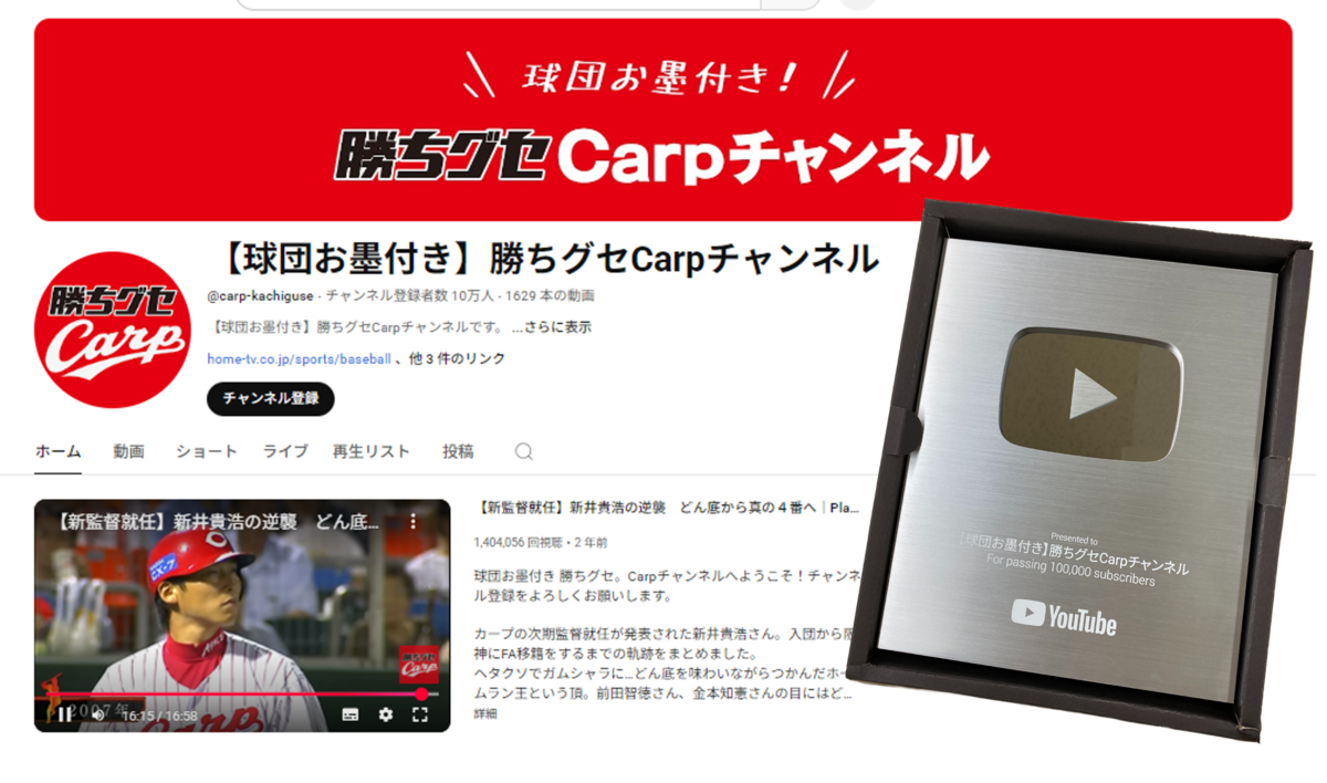 【広島ホームテレビ】「 ＼球団お墨付き／ 勝ちグセCarpチャンネル」YouTube登録者数10万人突破で「銀の盾」獲得！