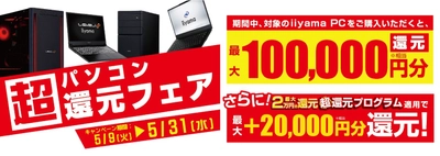 パソコン工房からお客様へ感謝を込めて超還元！ 対象iiyama PCのご購入で最大10万円分相当を還元する 「超 パソコン還元フェア」を5月9日より期間限定で開催！ 「最大2万円分還元！ 超還元プログラム」併用で更にお得に！