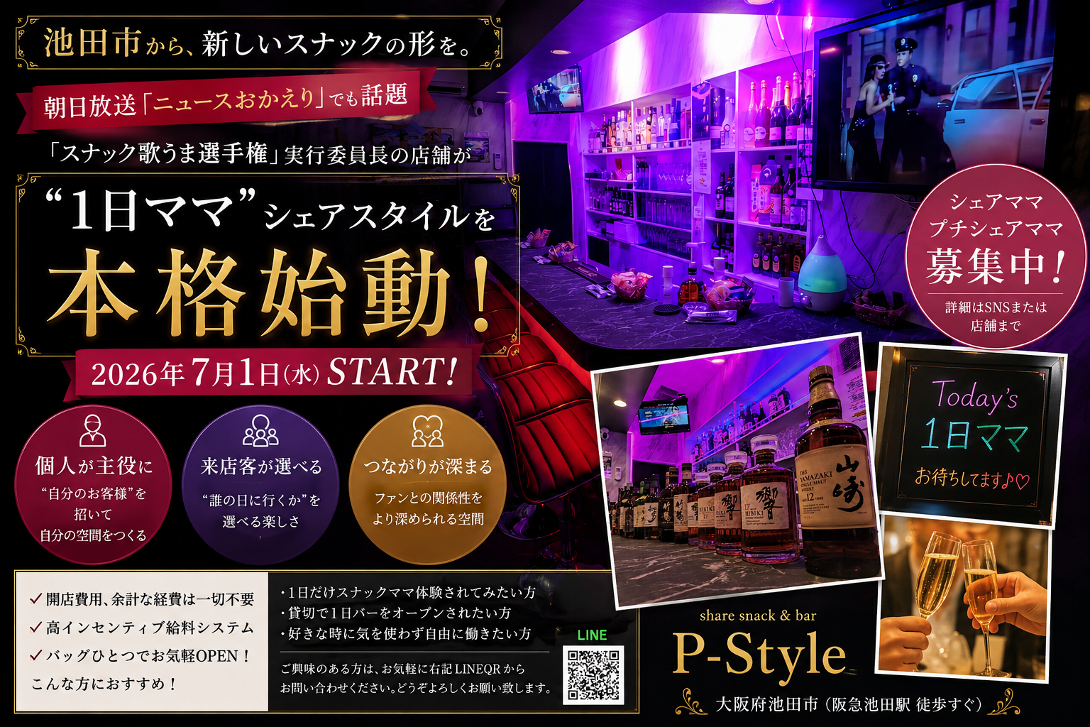 【池田市】朝日放送「ニュースおかえり」で話題
「スナック歌うま選手権」実行委員長の店舗が
“1日ママ”シェアスタイルを本格始動“