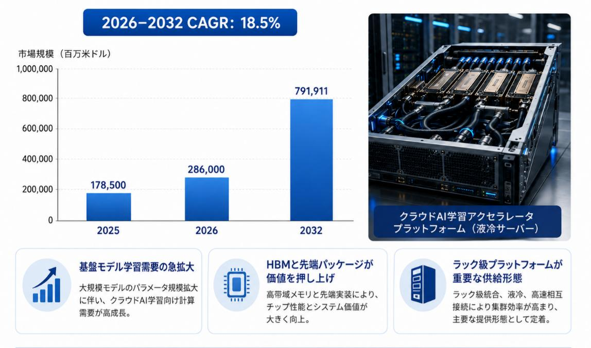 世界のクラウドAI学習アクセラレータチップ市場規模は2026年に約2,860億米ドルとなり、2032年には約7,919.11億米ドルに達する見込み
