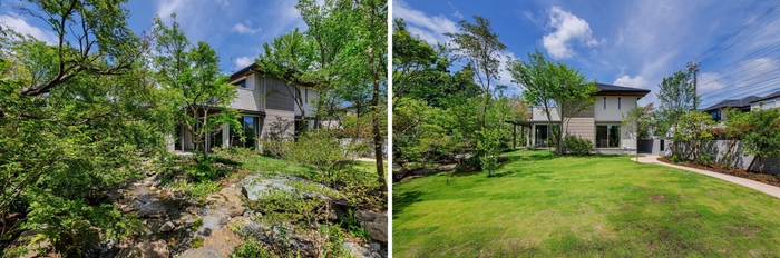 緑に囲まれたK様邸(左)広がりのある芝生(右)