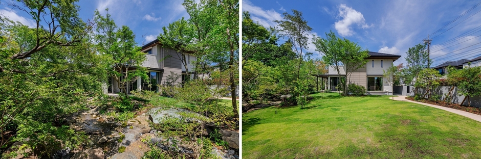 緑に囲まれたＫ様邸（左）広がりのある芝生（右）