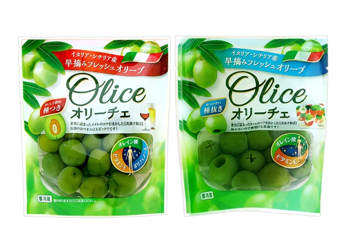 フレッシュオリーブ「オリーチェ」商品パッケージ(左:種つき/右:種抜き)