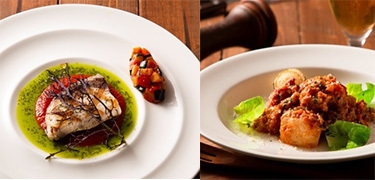 左から「鰤の香草焼き トマトとバジルの二色ソース」、「豚のビール煮」画像4