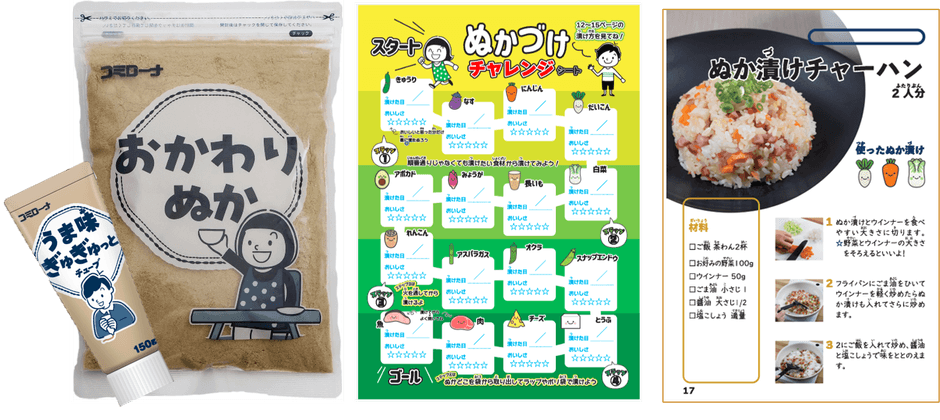 (左)アレンジ素材 (中)チャレンジシート (右)レシピ集抜粋