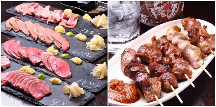 左:肉刺し、右:やきとん・焼き鳥