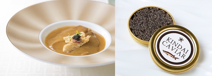 ふかひれの姿煮"近大キャビア"とおこげ添え(左)、近大キャビア(右)