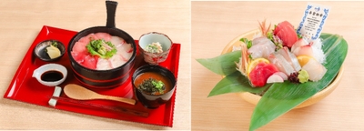 「近大サラブレッド魚と近大マグロの紅白手桶寿司」(左)、「近大マグロと近大卒の魚 お造り盛り合わせ」(右)