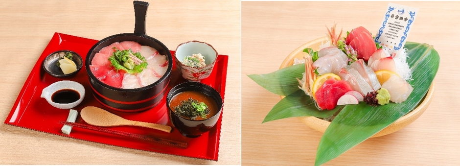 「近大サラブレッド魚と近大マグロの紅白手桶寿司」(左)、「近大マグロと近大卒の魚 お造り盛り合わせ」(右)