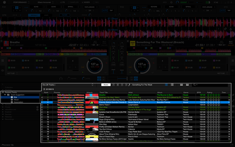 演奏中の楽曲の情報を元に、相性の良い順に楽曲を並び変えて表示する「Track Suggestion」