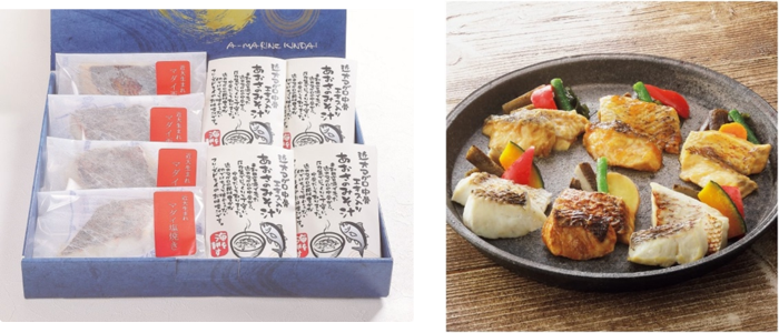 近大生まれマダイ焼味と近大マグロ中骨エキス入りあおさのみそ汁詰合せ(左)、近大生まれマダイ惣菜詰合せ6食(右)